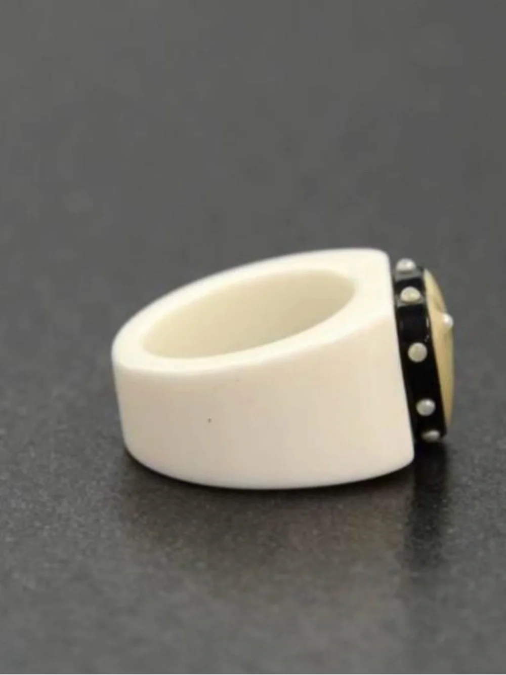 CHANEL Vintage Black Resin Ring with Ivory Heart Camellia Accent